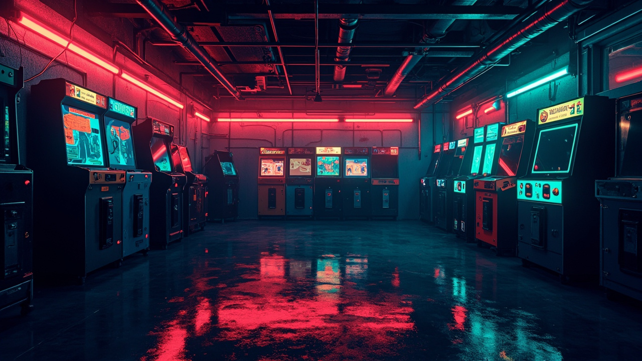 Illustration of a neon-lit retro arcade interior