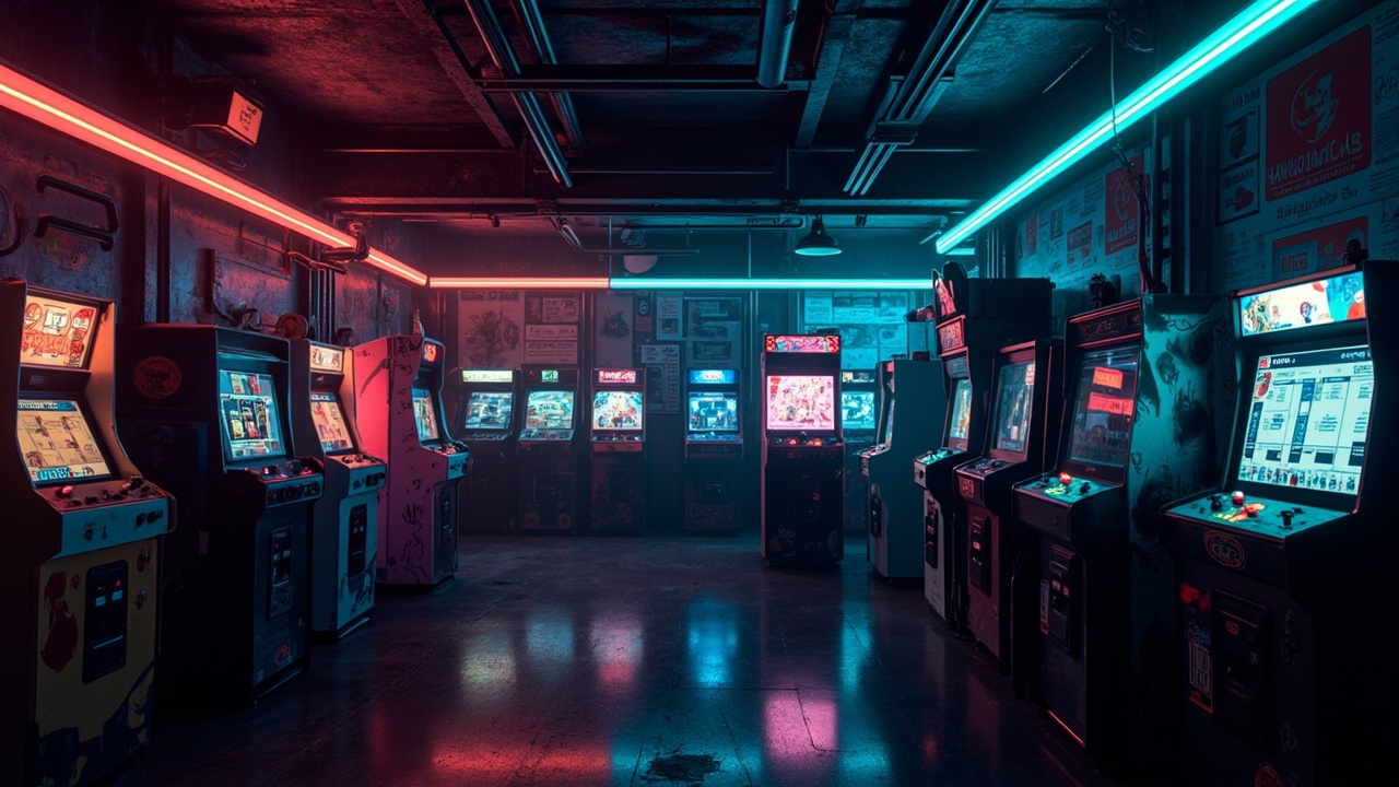 Illustration of a neon-lit retro arcade interior