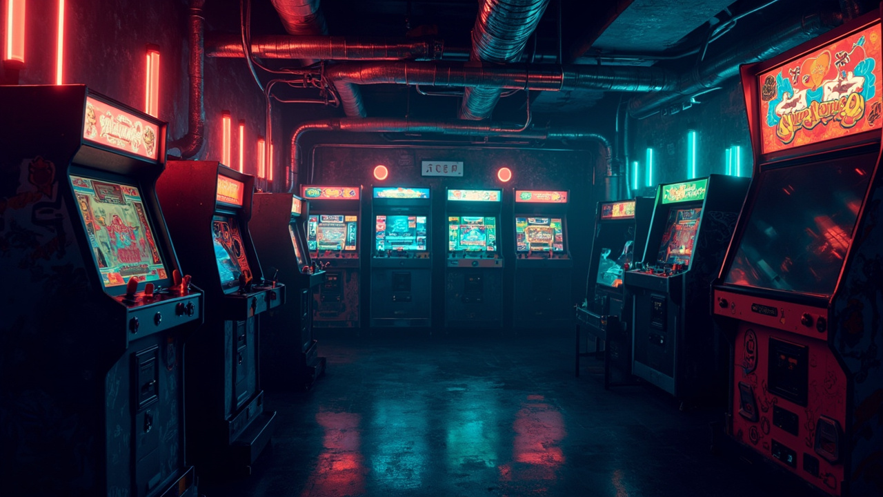 Illustration of a neon-lit retro arcade interior