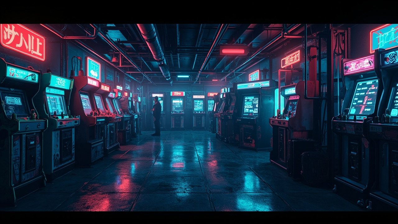 Illustration of a neon-lit retro arcade interior