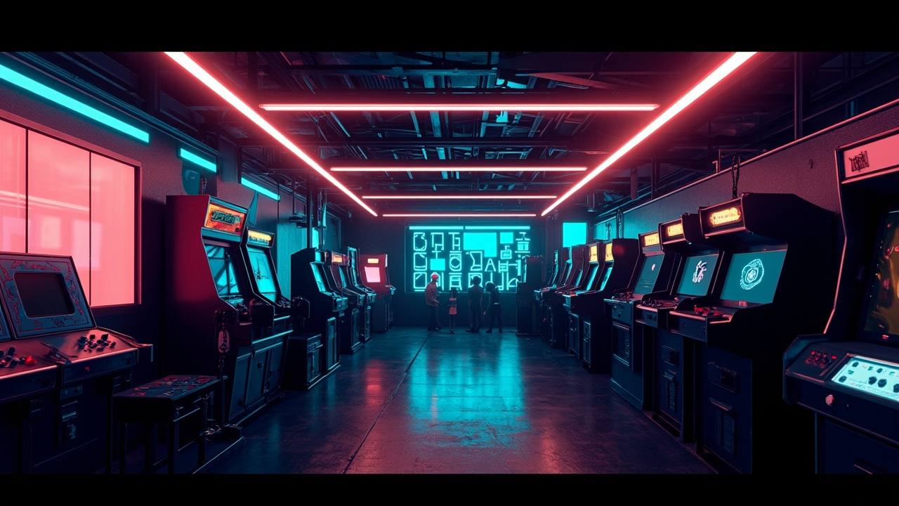 Illustration of a neon-lit retro arcade interior