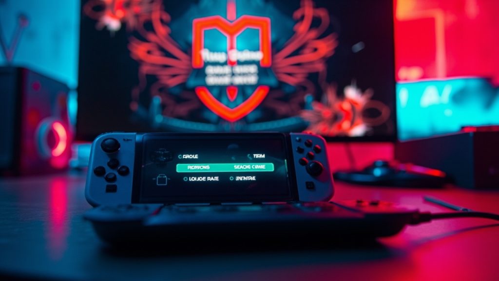 Illustration: A handheld mobile device displaying a game library menu sits in the foreground, with a larger screen behind it showing a video game title screen featuring a shield and sword emblem.