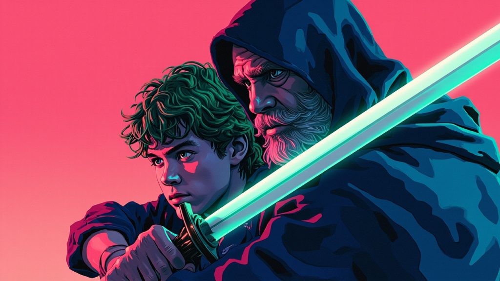 Illustration: Pixel art characters of a green-haired youth wielding a sword and an older bearded man in a blue robe, set against a pink gradient background.