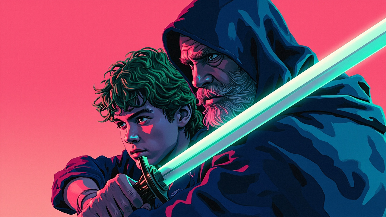 Illustration: Pixel art characters of a green-haired youth wielding a sword and an older bearded man in a blue robe, set against a pink gradient background.