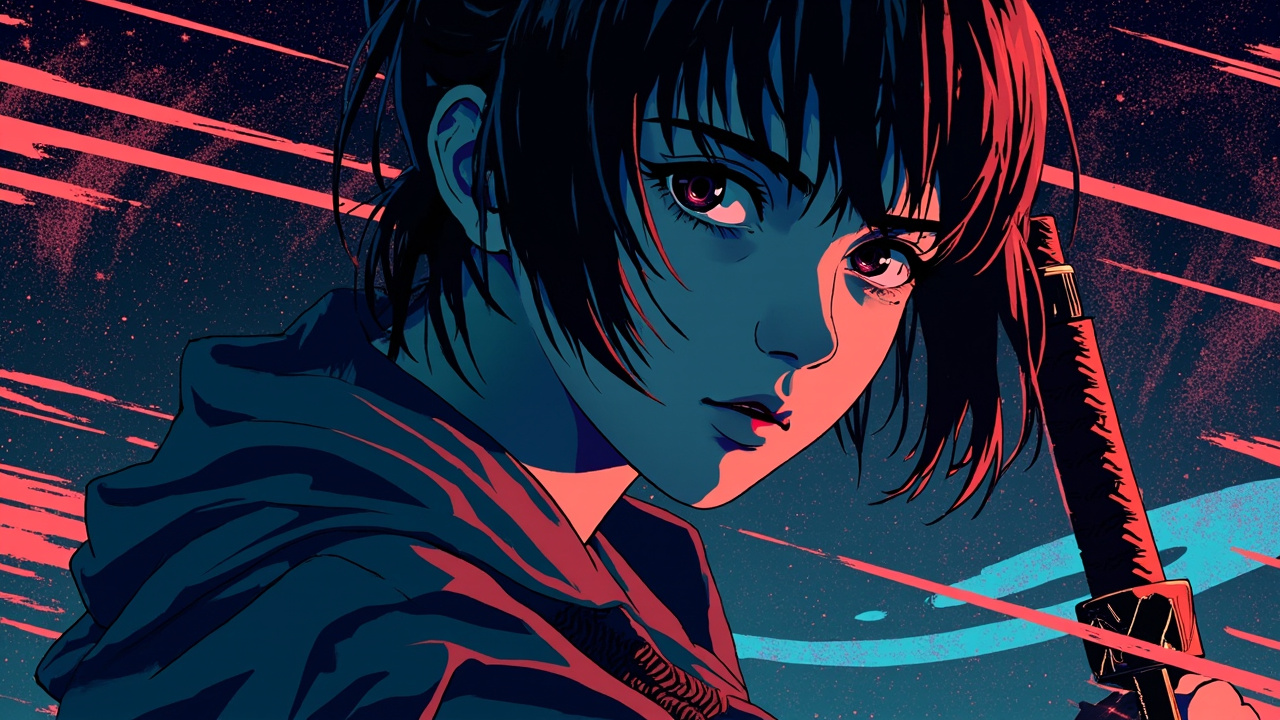 Illustration: An anime-style illustration featuring characters in close-up with a sword and stylized background patterns.