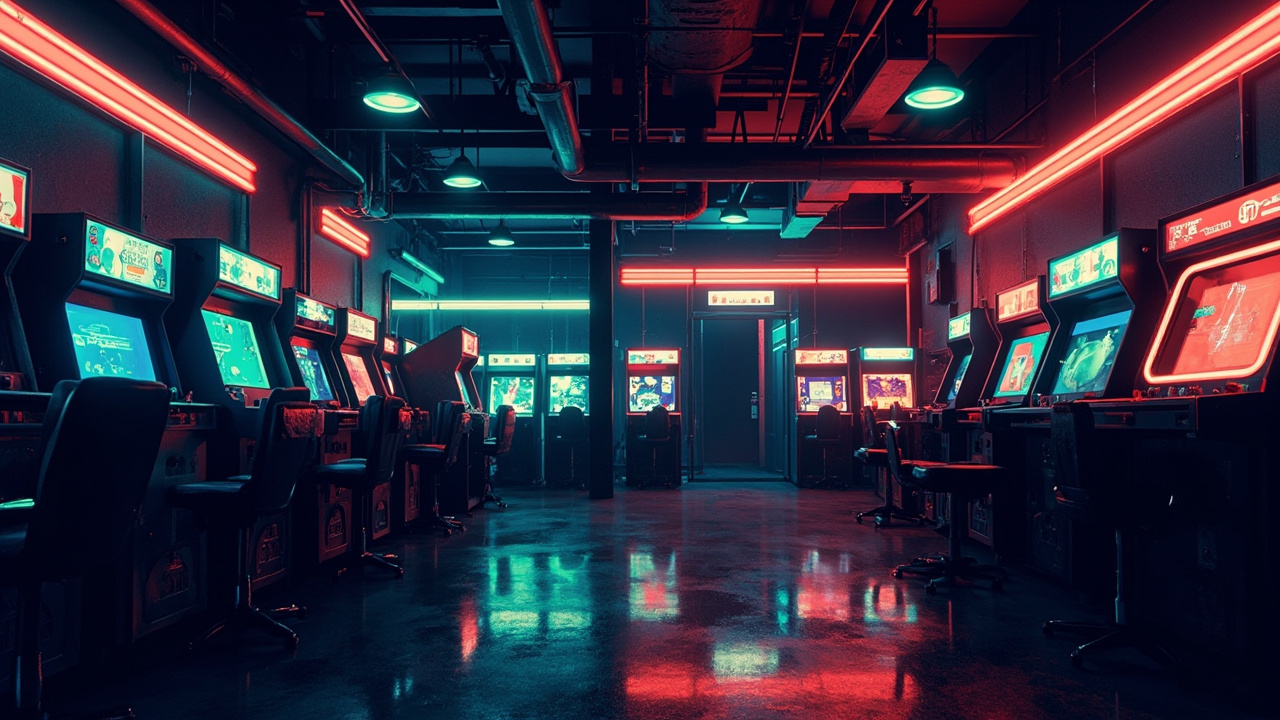 Illustration of a neon-lit retro arcade interior