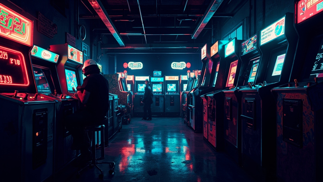 Illustration of a neon-lit retro arcade interior