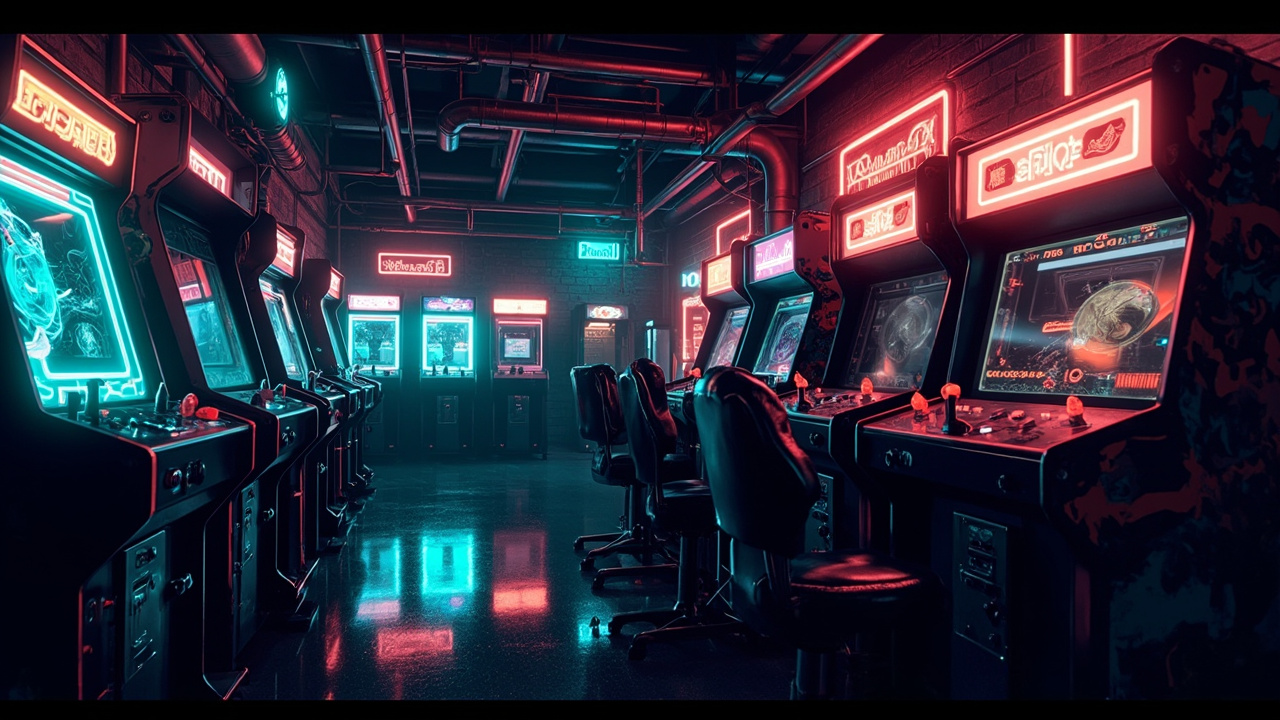 Illustration of a neon-lit retro arcade interior