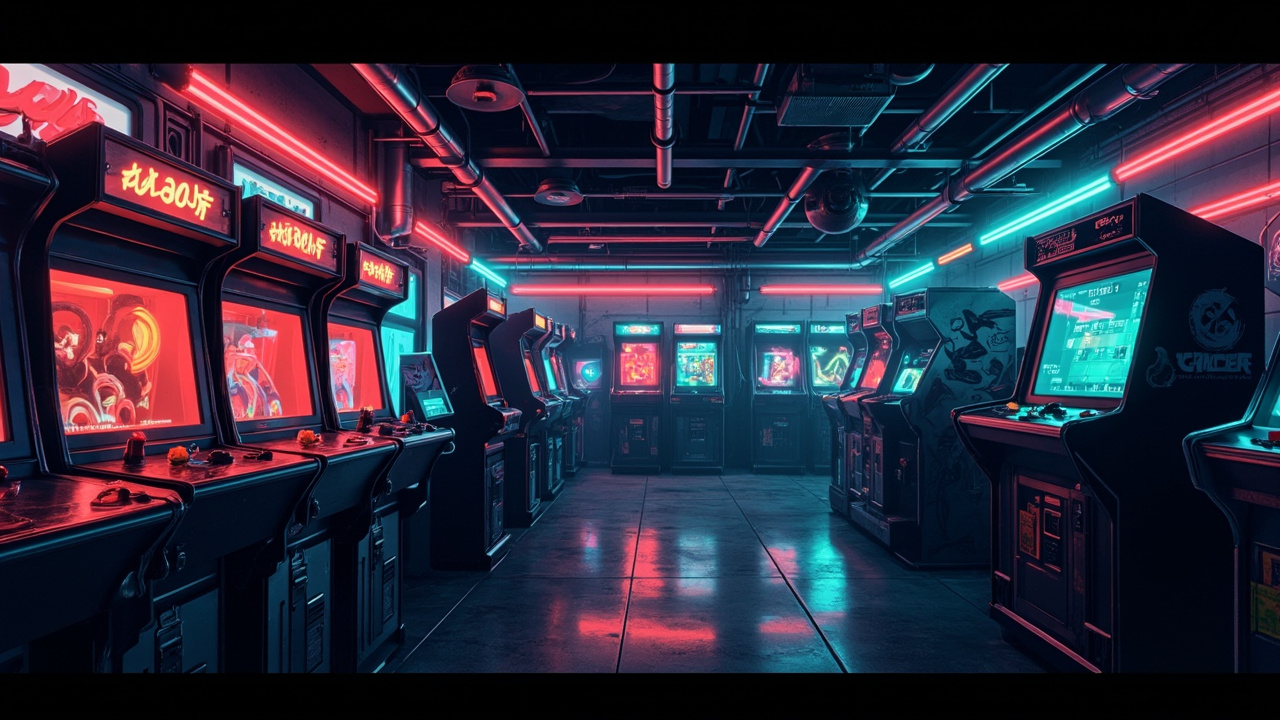Illustration of a neon-lit retro arcade interior
