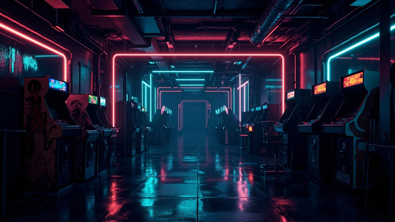 Illustration of a neon-lit retro arcade interior