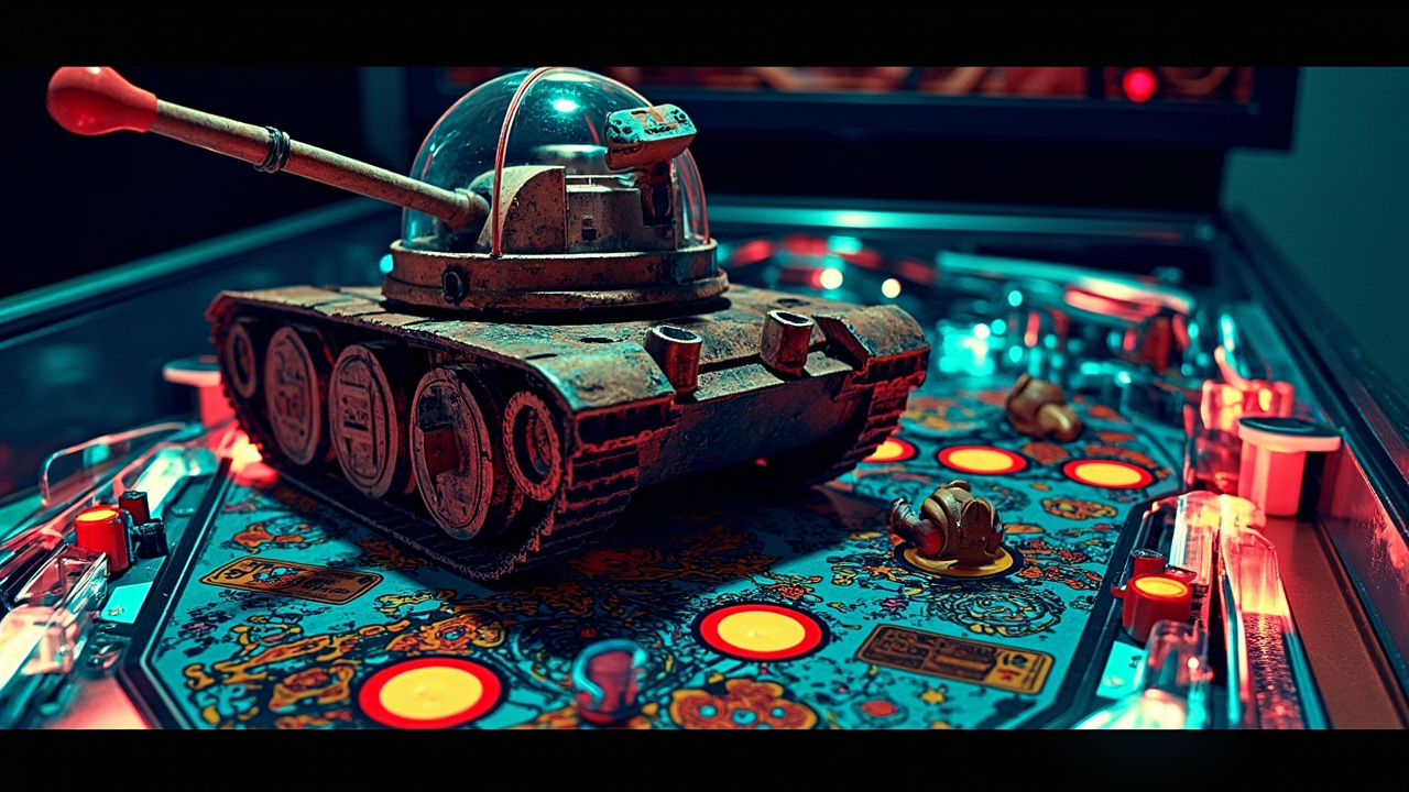 Illustration: A detailed view of a pinball machine's playfield featuring a sculpted rusty tank with a transparent dome, a flying saucer figure, a plunger, and various illuminated bumpers, targets, and ramps.