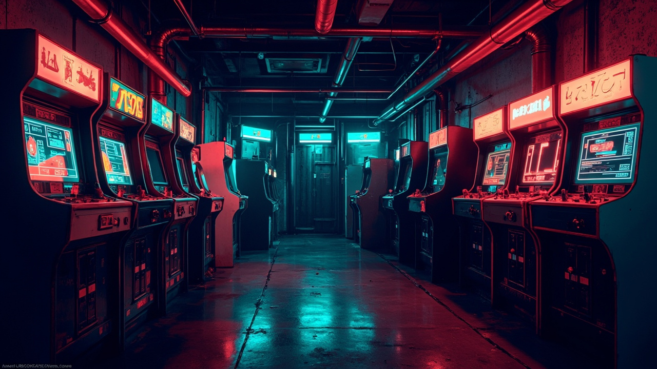 Illustration of a neon-lit retro arcade interior