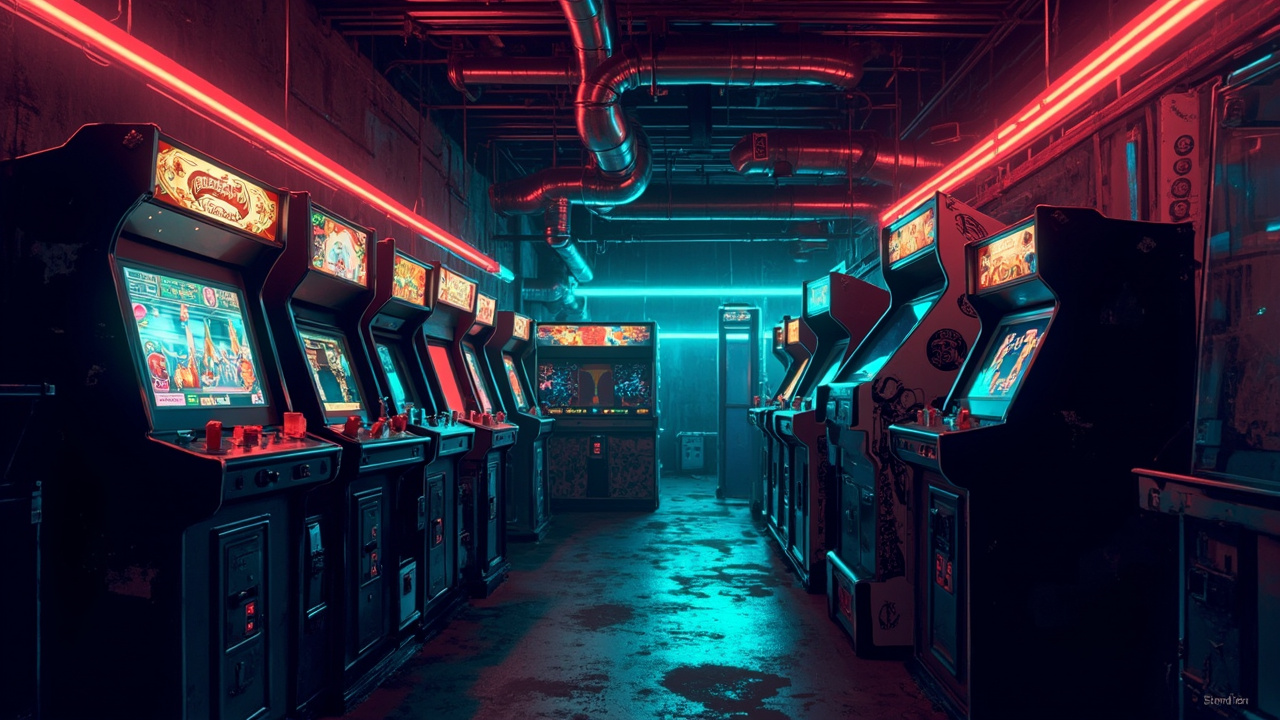 Illustration of a neon-lit retro arcade interior