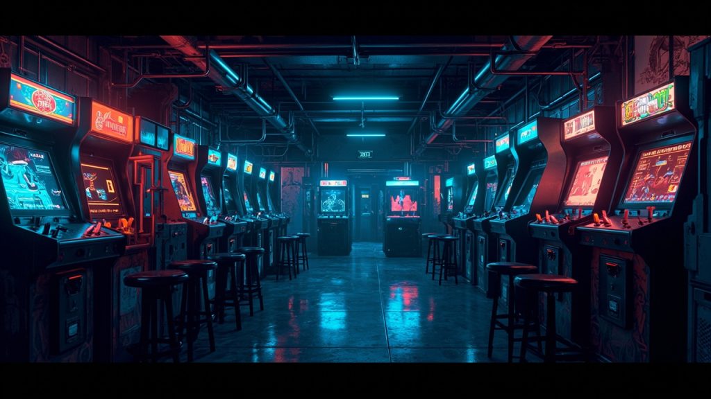 Illustration of a neon-lit retro arcade interior