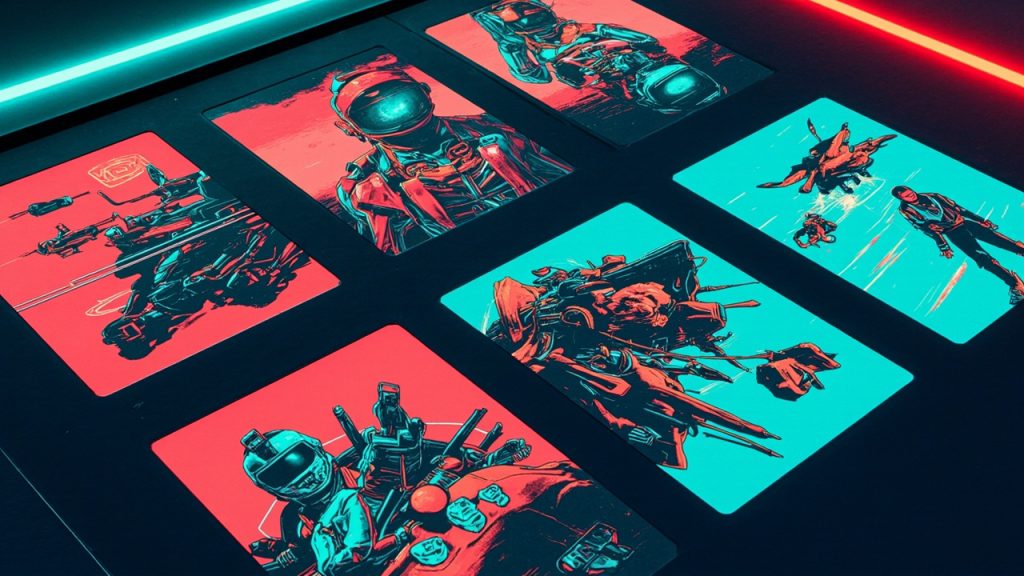 Illustration: A flat surface displays a close-up, angled arrangement of colorful, rectangular printed graphic panels featuring dynamic illustrations of vehicles, robots, and figures.