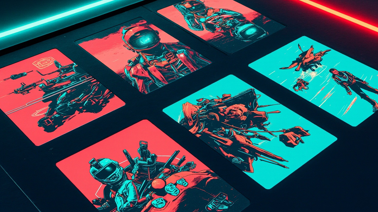Illustration: A flat surface displays a close-up, angled arrangement of colorful, rectangular printed graphic panels featuring dynamic illustrations of vehicles, robots, and figures.