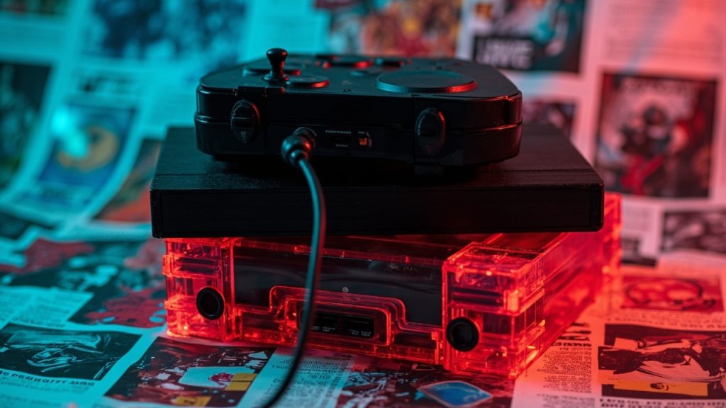 Illustration: A black video game console is stacked on top of a translucent red video game console, both resting on a surface covered with colorful printed materials.