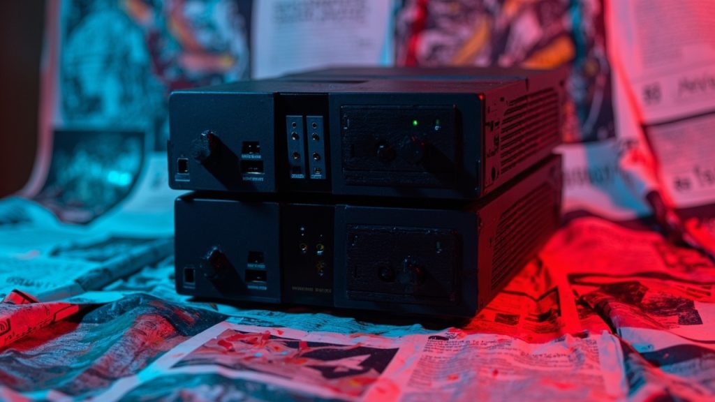 Illustration: Two stacked video game consoles with four controller ports each on their front panels rest on colorful printed materials.