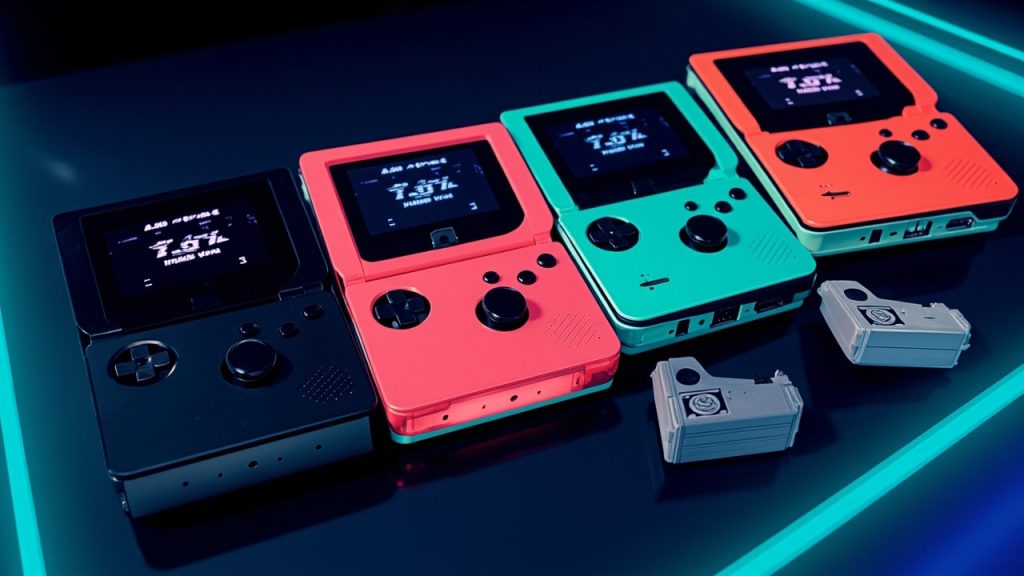 Illustration: A lineup of four clamshell-style handheld gaming consoles in black, pink, mint green, and silver finishes, each featuring a top-mounted screen, a directional pad, action buttons, and a central speaker grille.