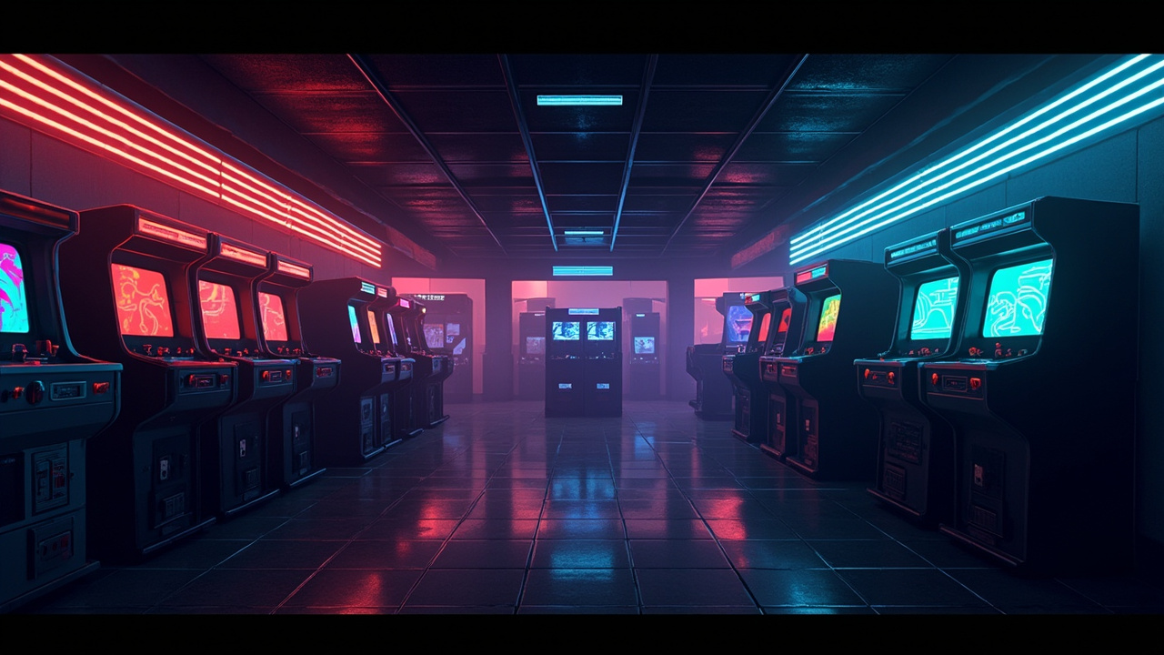 Illustration of a neon-lit retro arcade interior