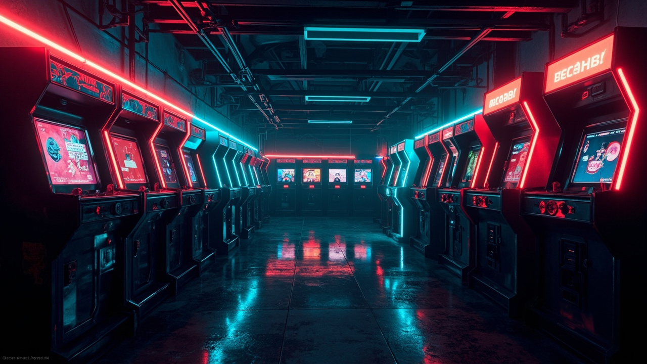 Illustration of a neon-lit retro arcade interior