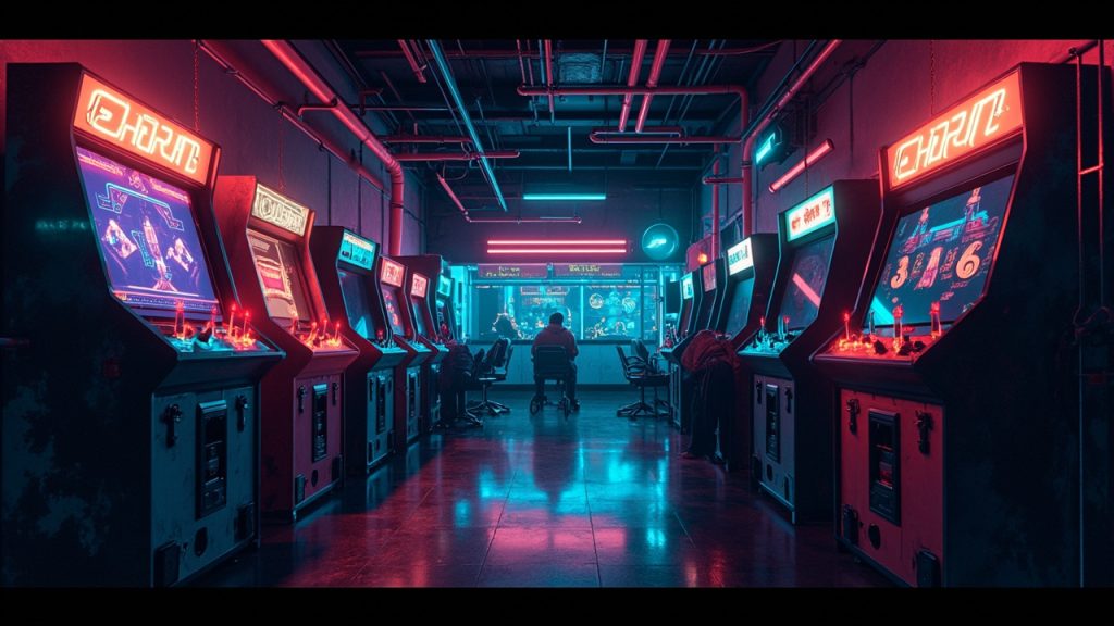 Illustration of a neon-lit retro arcade interior