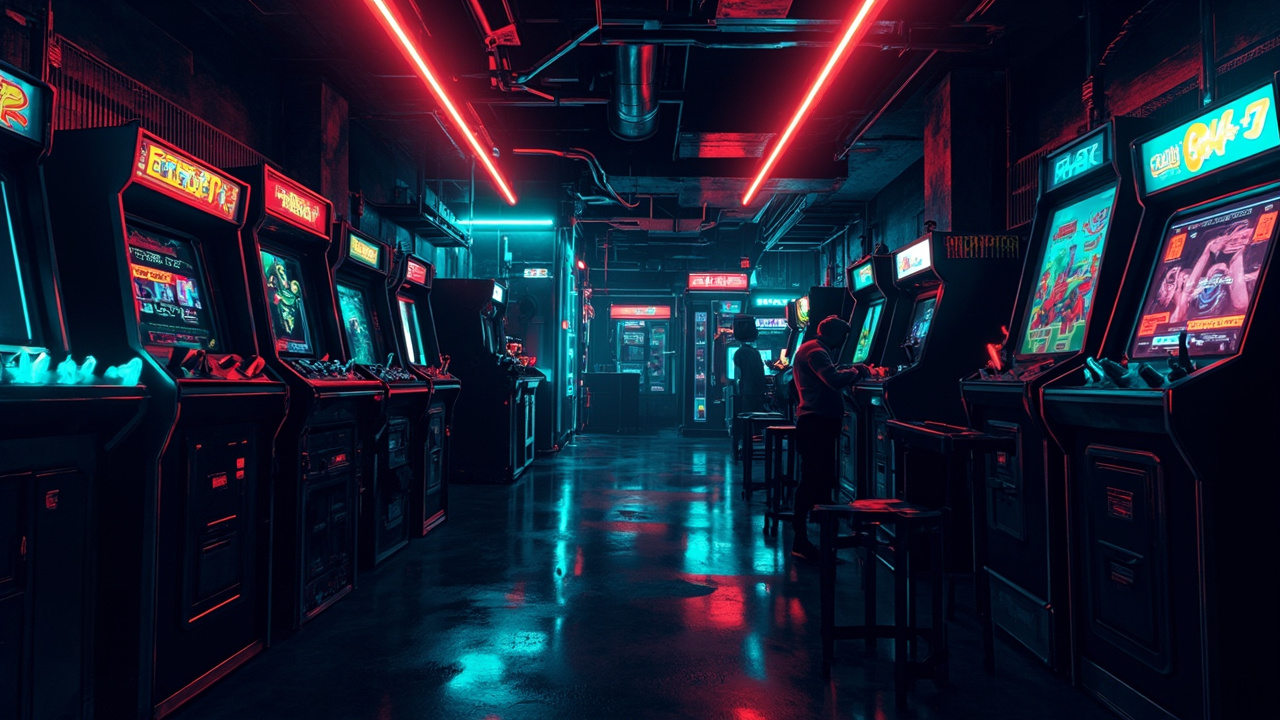 Illustration of a neon-lit retro arcade interior