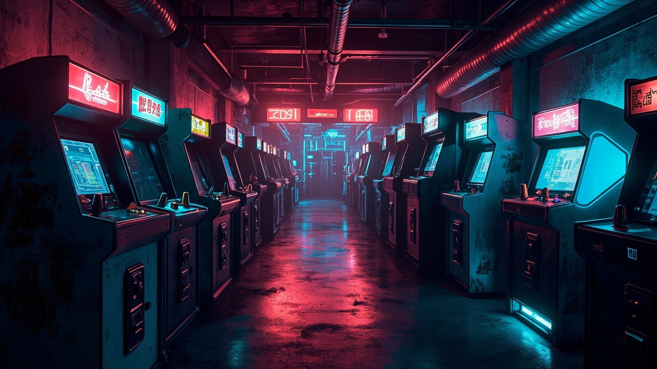 Illustration of a neon-lit retro arcade interior