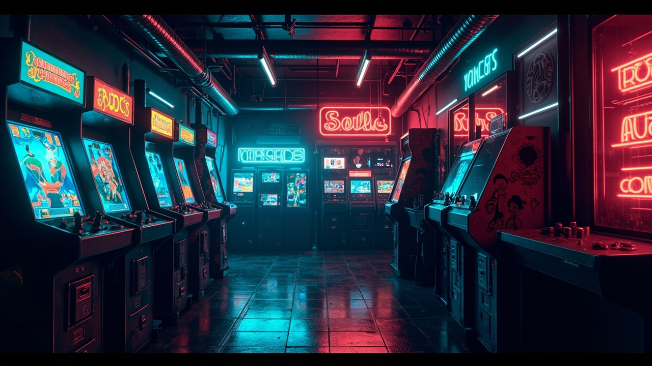 Illustration of a neon-lit retro arcade interior