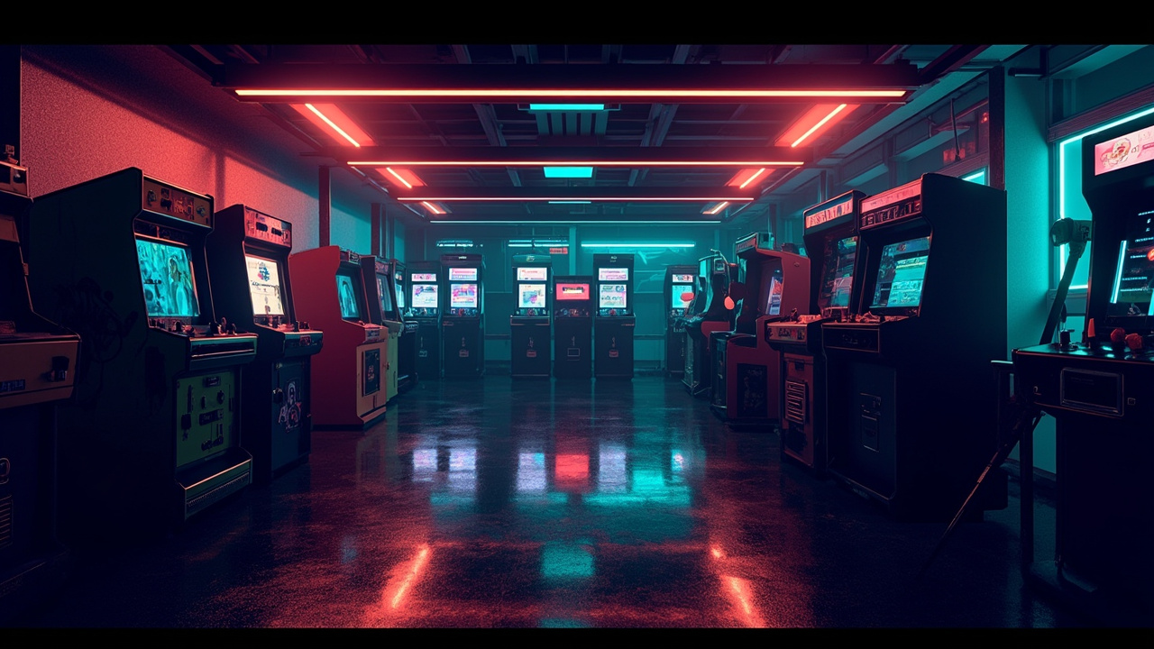 Illustration of a neon-lit retro arcade interior