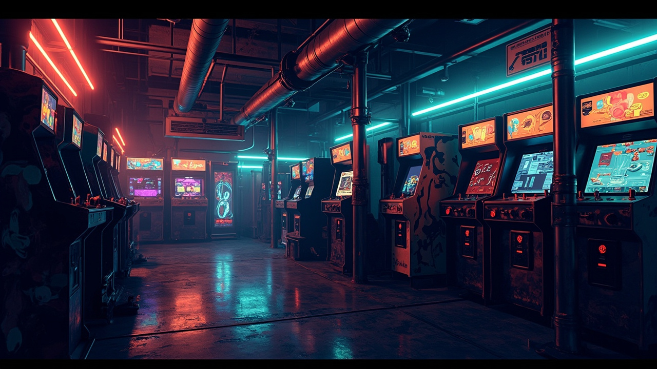 Illustration of a neon-lit retro arcade interior
