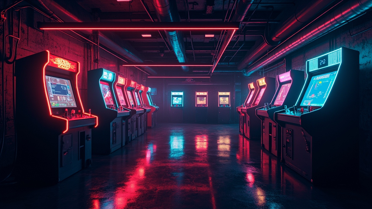 Illustration of a neon-lit retro arcade interior