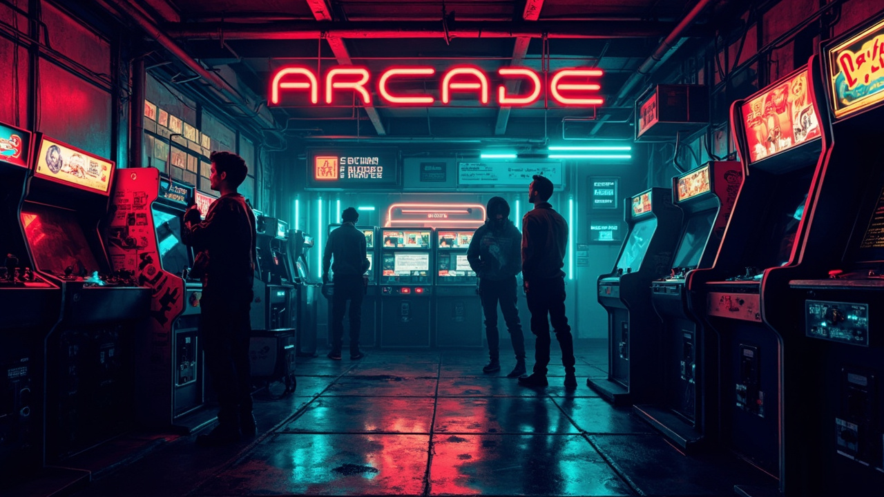Illustration of a neon-lit retro arcade interior
