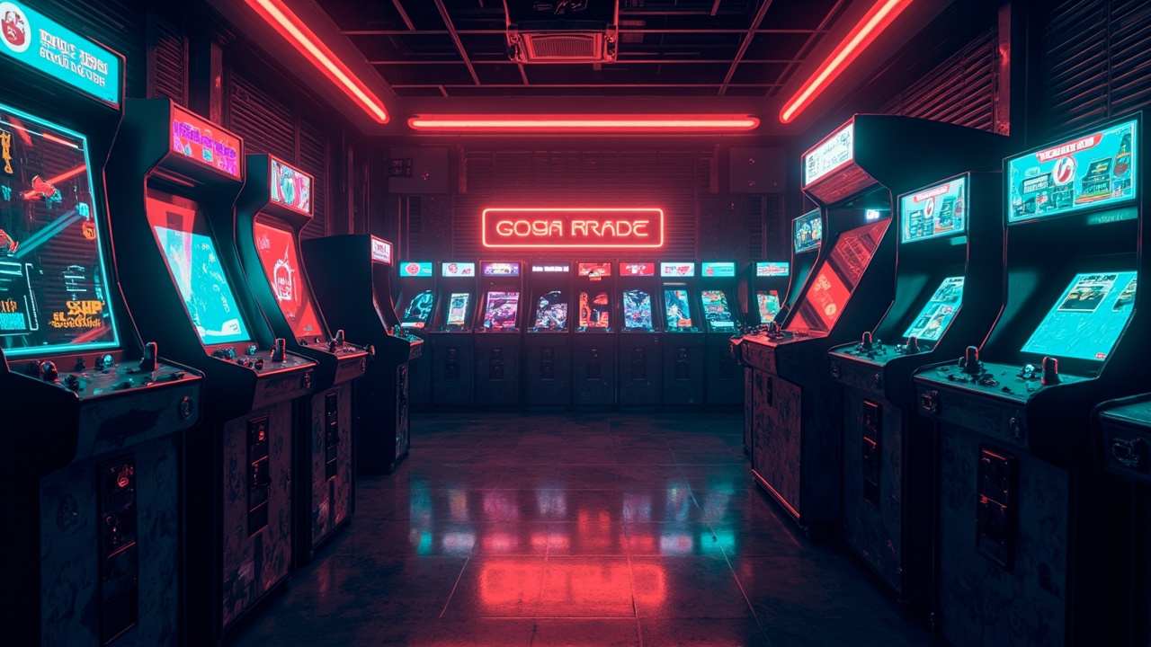 Illustration of a neon-lit retro arcade interior