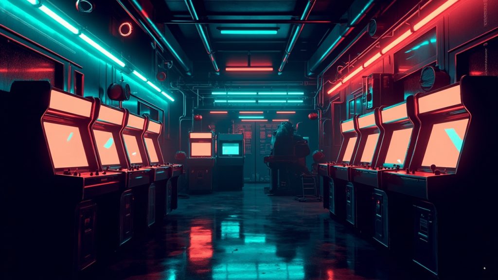 Illustration of a neon-lit retro arcade interior