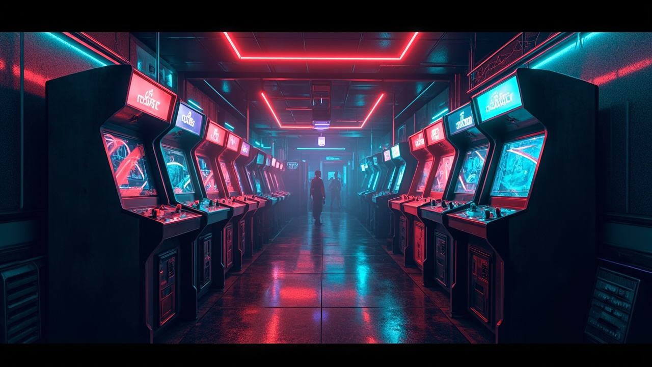 Illustration of a neon-lit retro arcade interior