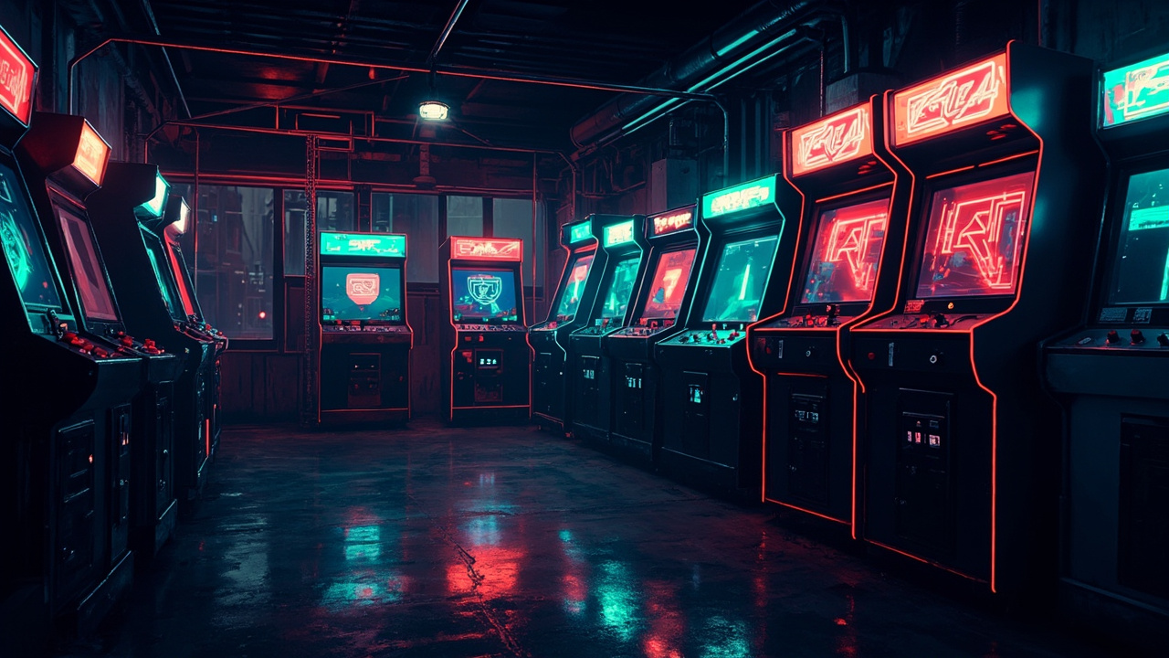 Illustration of a neon-lit retro arcade interior