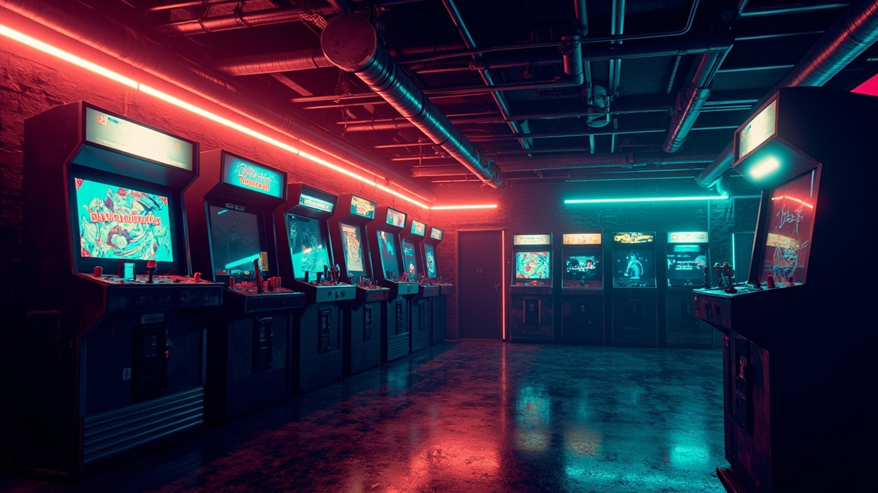 Illustration of a neon-lit retro arcade interior