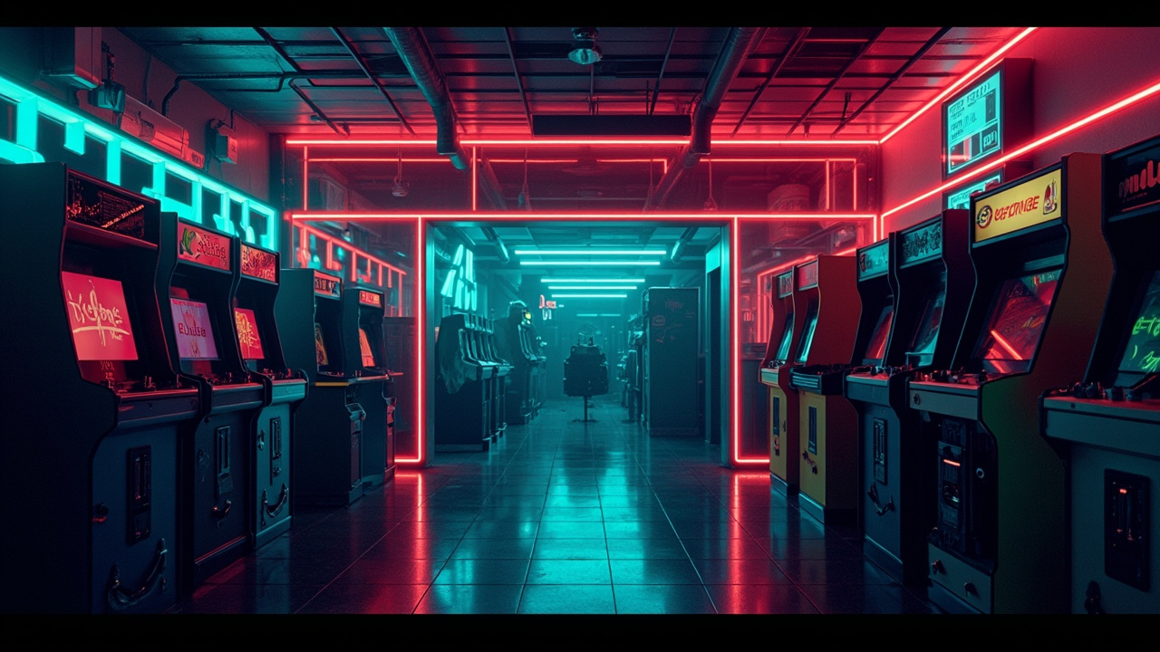 Illustration of a neon-lit retro arcade interior