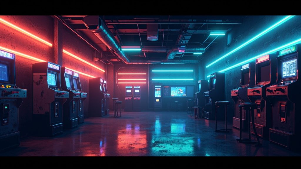 Illustration of a neon-lit retro arcade interior