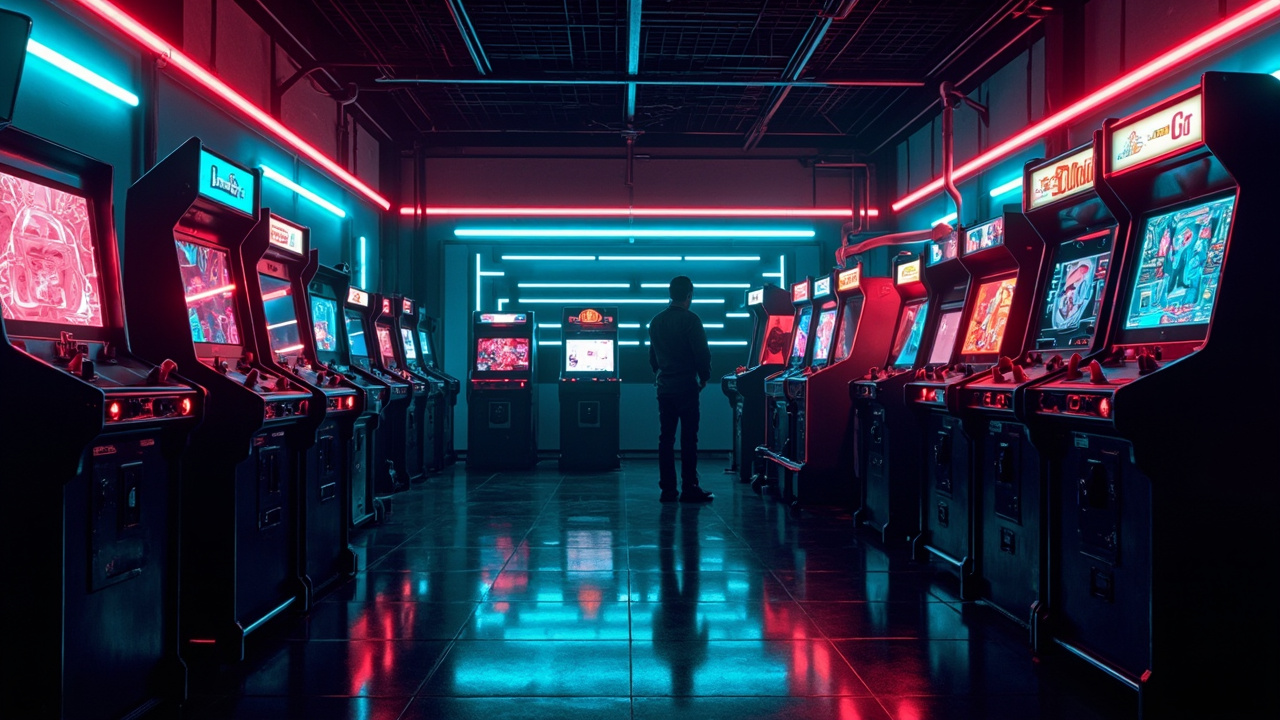 Illustration of a neon-lit retro arcade interior