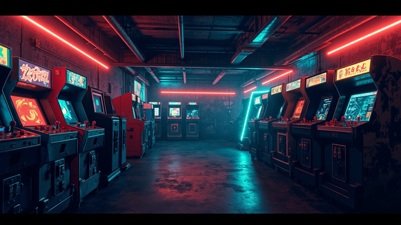 Illustration of a neon-lit retro arcade interior