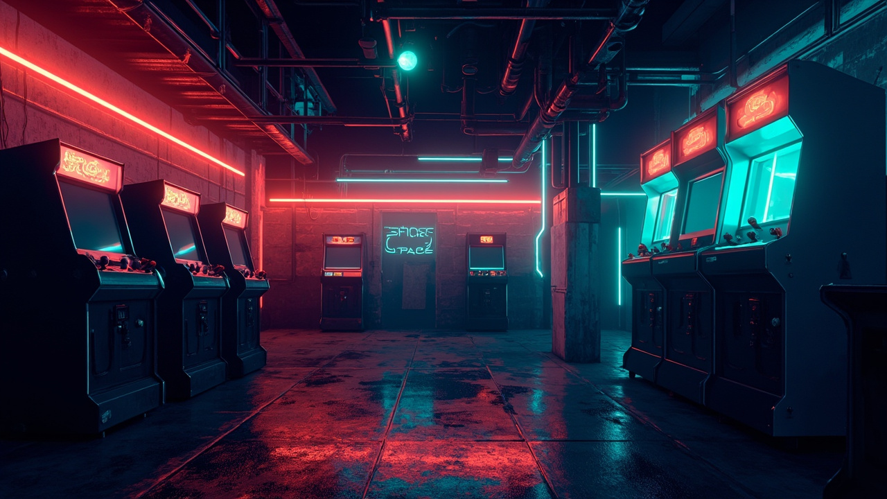 Illustration of a neon-lit retro arcade interior