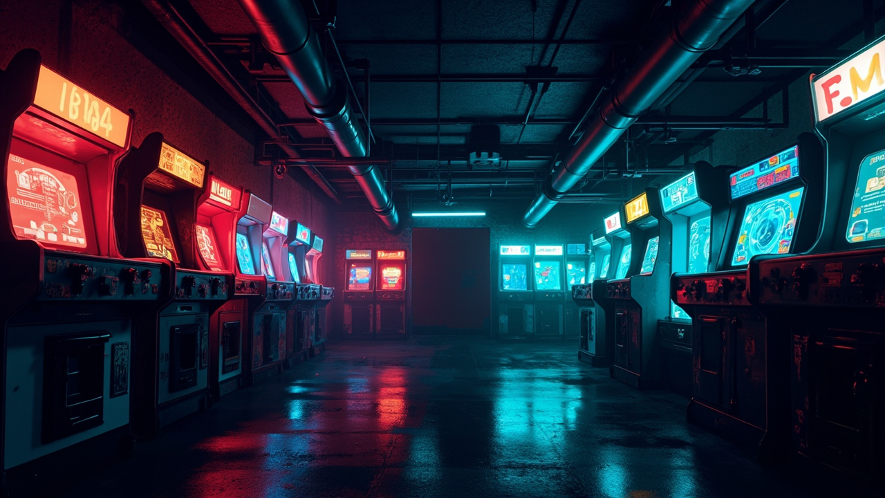 Illustration of a neon-lit retro arcade interior