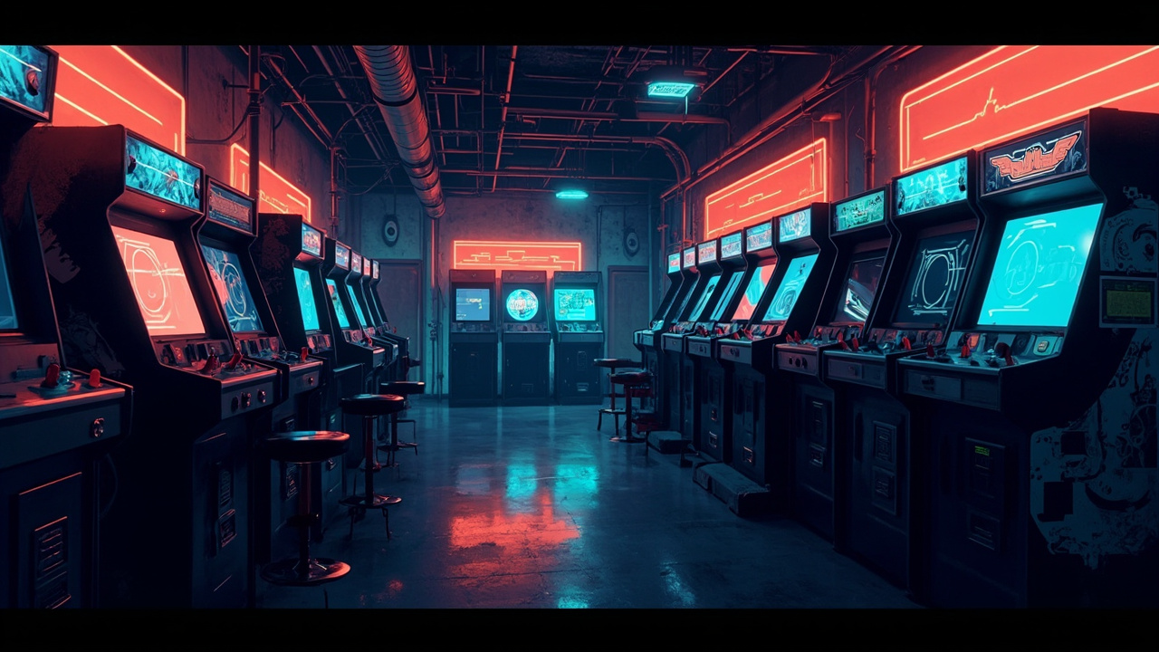 Illustration of a neon-lit retro arcade interior