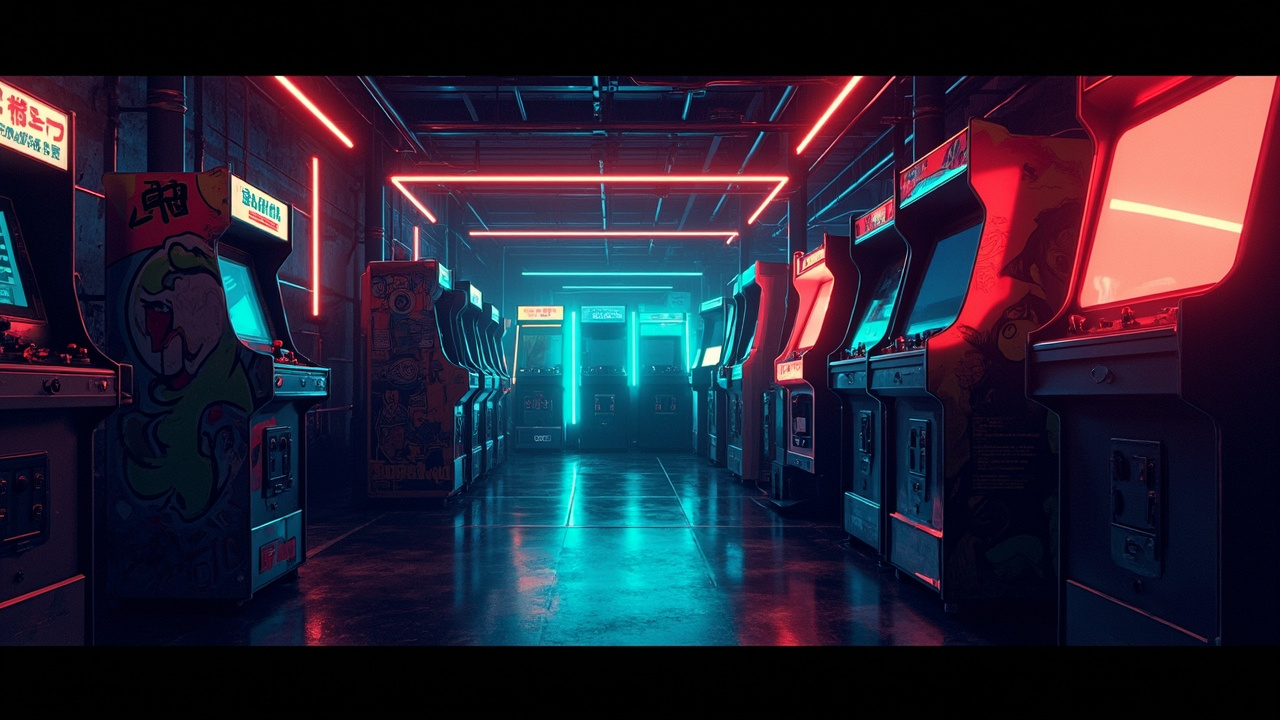 Illustration of a neon-lit retro arcade interior