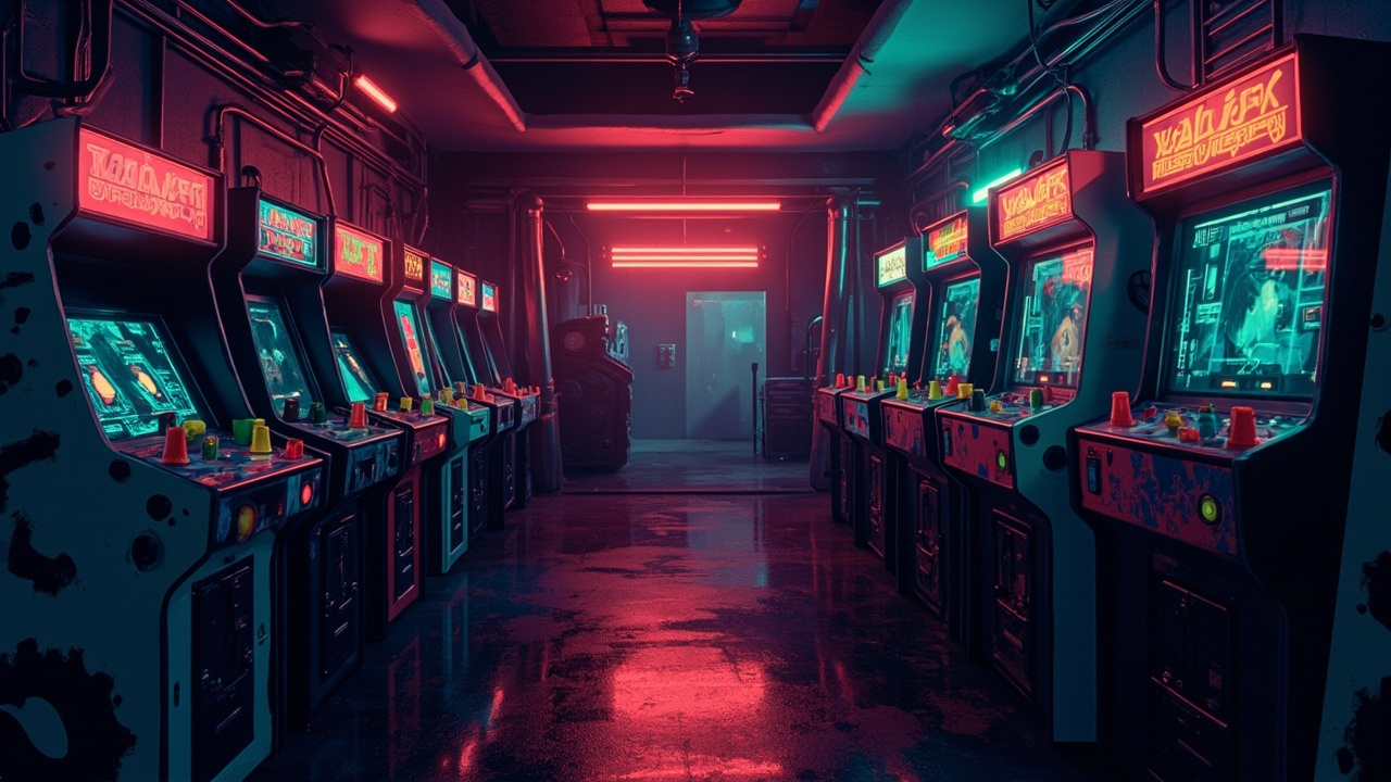 Illustration of a neon-lit retro arcade interior