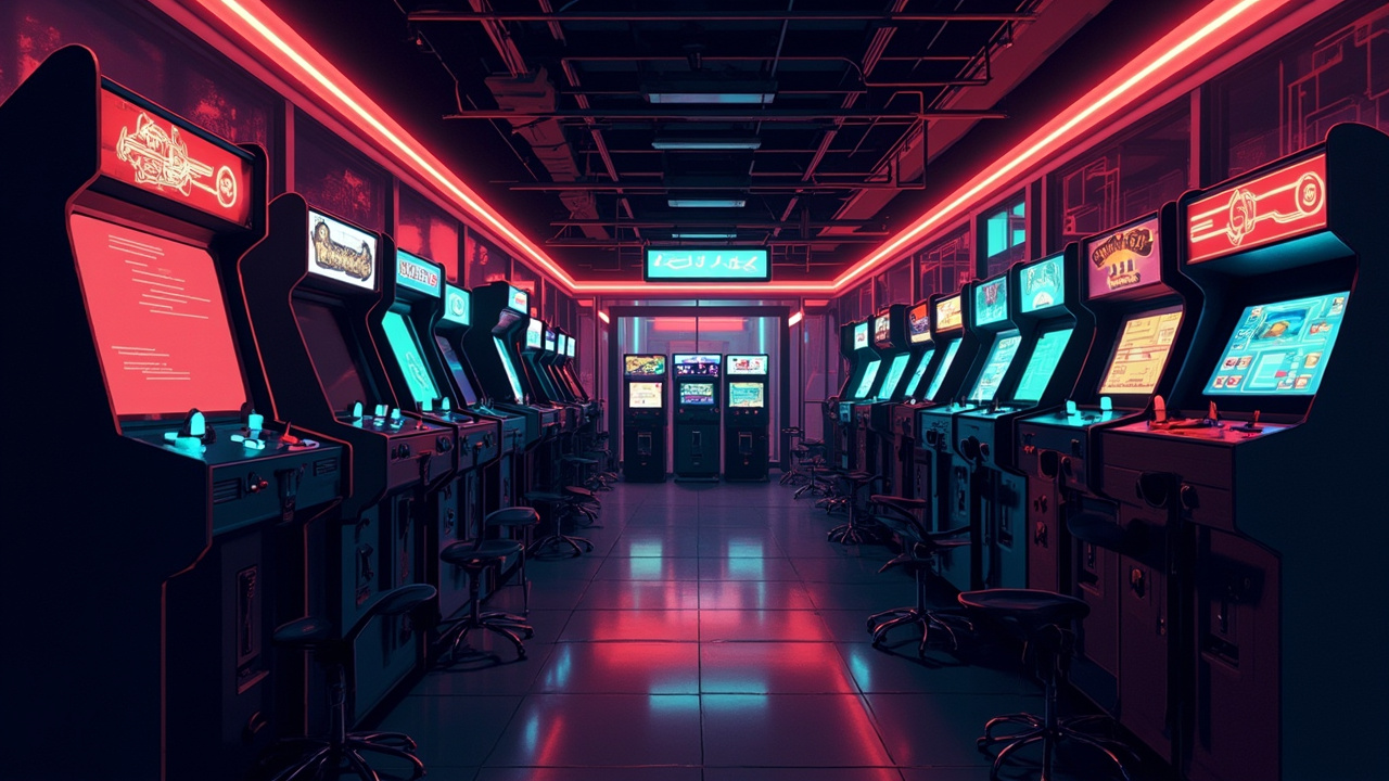 Illustration of a neon-lit retro arcade interior