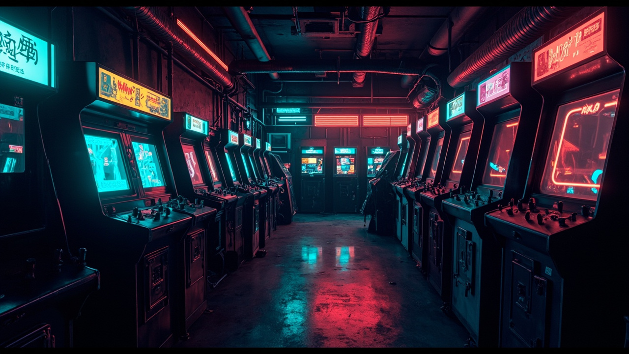 Illustration of a neon-lit retro arcade interior