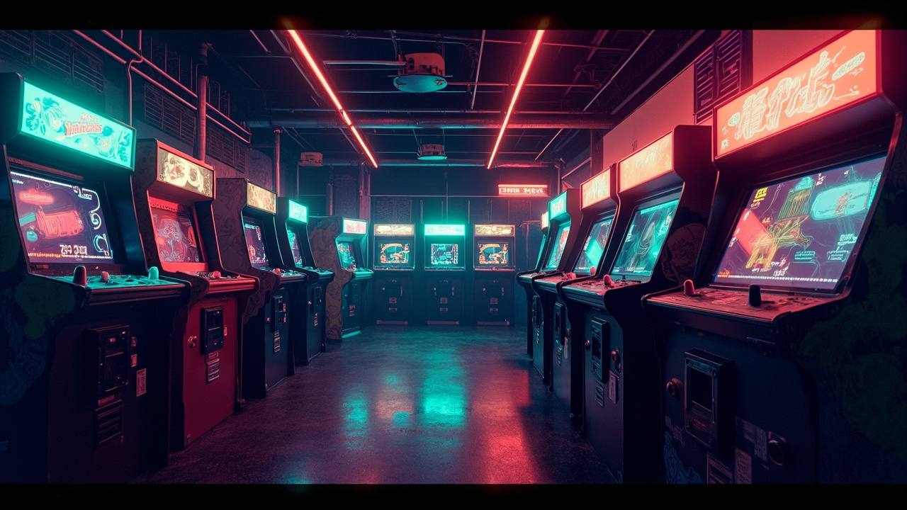 Illustration of a neon-lit retro arcade interior